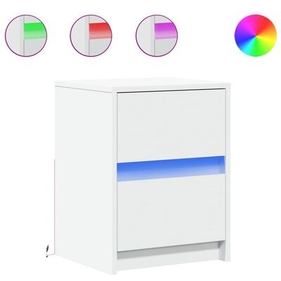 Móvel branco com iluminação azul na gaveta e ícones de cores acima.