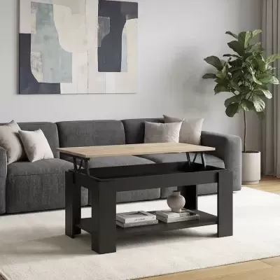 Mesa de centro em madeira clara e preta com tampo elevatório numa sala de estar moderna