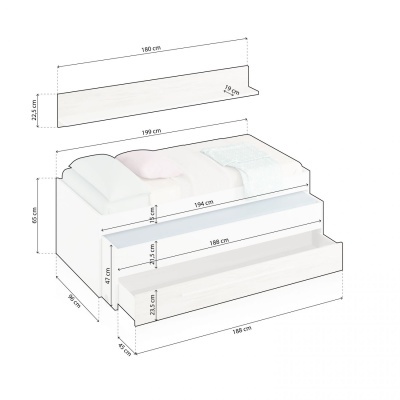 Imagem técnica de cama branca com gavetas e medidas em cm