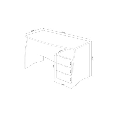 Mesa de escritório de madeira clara com três gavetas à direita e dimensões indicadas em desenho técnico.