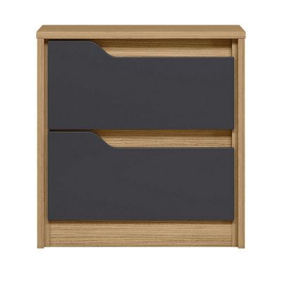 Cômoda de madeira clara com duas gavetas cinza escuro