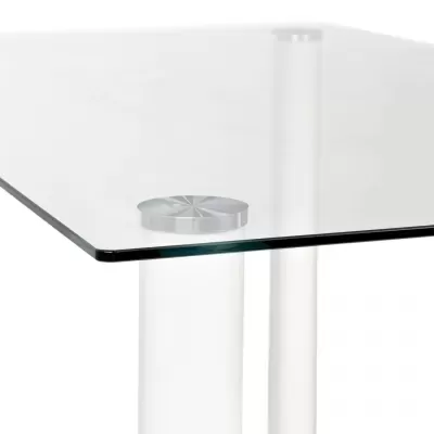 Mesa de vidro com pernas brancas cilíndricas e suporte metálico