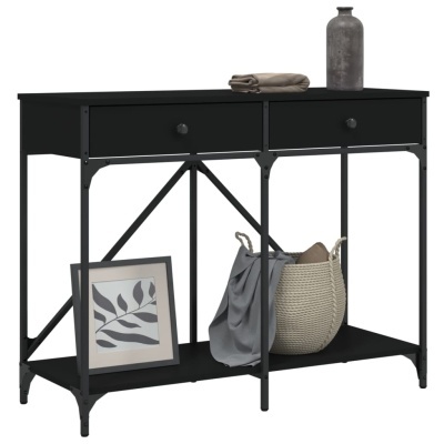 Aparador preto de metal com gavetas e prateleira inferior com itens decorativos