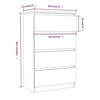 desenho técnico de móvel branco com quatro gavetas e dimensões em cm e polegadas
