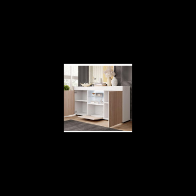 Móvel de madeira branco e castanho claro com prateleiras e compartimento fechado