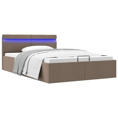 Cama estofada castanho claro com luz LED azul na cabeceira, colchão branco e manta cinza