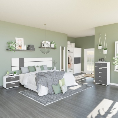 Quarto moderno com mobília branca e cinzenta, paredes verdes e chão cinzento