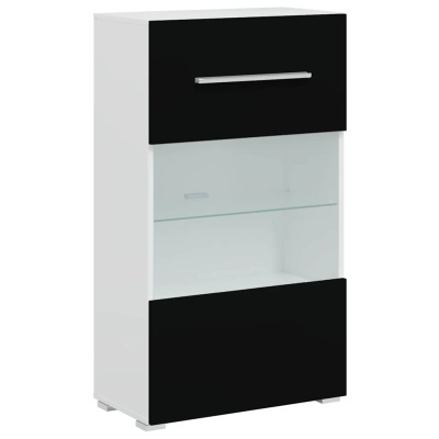 Móvel branco com portas pretas brilhantes e prateleira de vidro