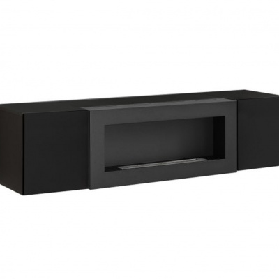 Móvel de TV suspenso preto com três compartimentos, o central aberto e os laterais fechados
