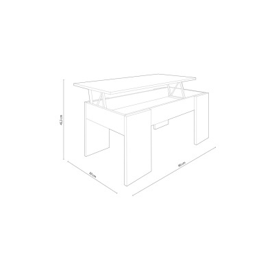Mesa branca com tampo elevatório e espaço de arrumação com dimensões indicadas.