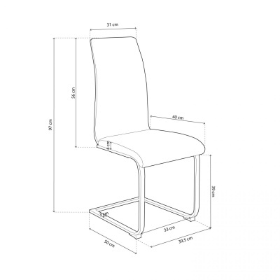Cadeira branca estofada com estrutura metálica e dimensões em centímetros