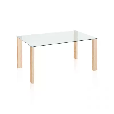 Mesa com tampo de vidro e pernas de madeira
