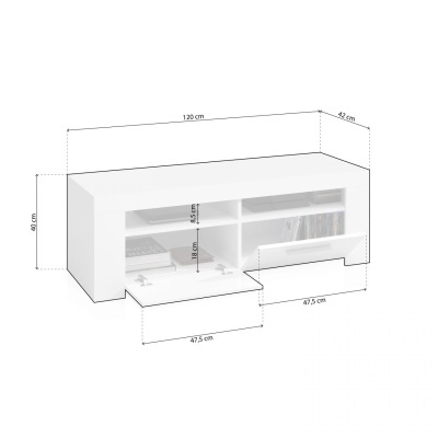 Móvel branco de apoio com compartimentos e portas, dimensões 120x42,5x40 cm