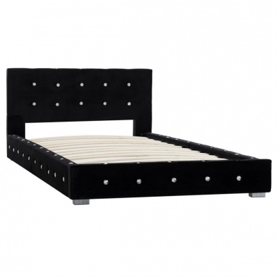 Cama de solteiro preta estofada com botões prateados e ripas de madeira