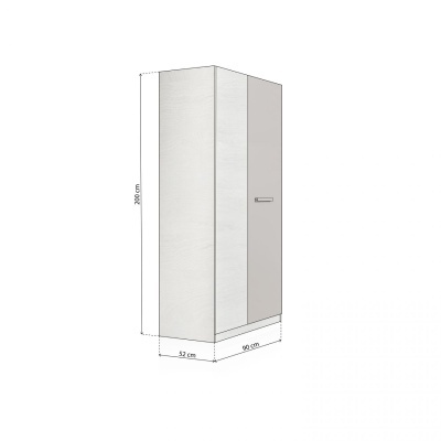 Armário alto de canto em madeira clara e porta branca com puxador metálico