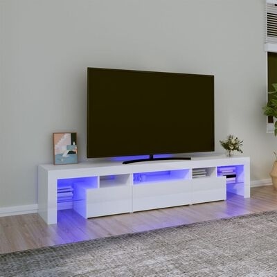 Móvel branco para TV com iluminação azul, televisão preta e decoração
