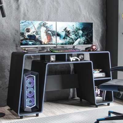 Secretária de gaming moderna com iluminação LED e dois monitores