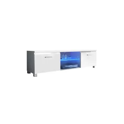 Móvel TV branco com portas e luz LED azul na estante central