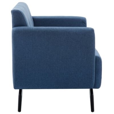 Sofá azul de tecido com pernas metálicas pretas em fundo branco