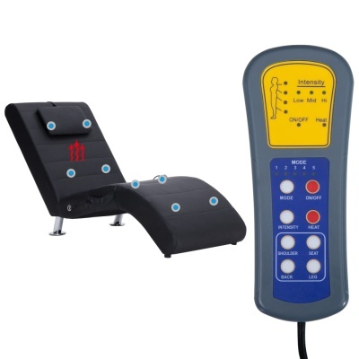 cadeira de massagem preta com controle remoto cinzento e botões coloridos