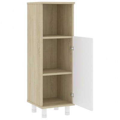 Móvel de arrumação alto em madeira com porta branca e três prateleiras