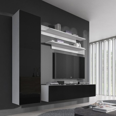 Móveis suspensos modernos em preto e branco numa sala com televisão e janela com cortinas verticais