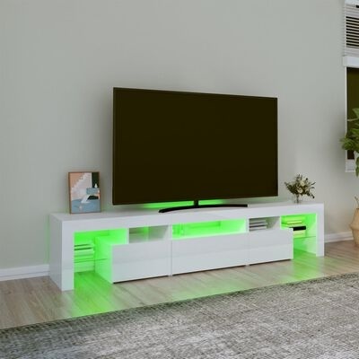 Móvel para TV branco moderno com luz verde, televisor preto e decoração