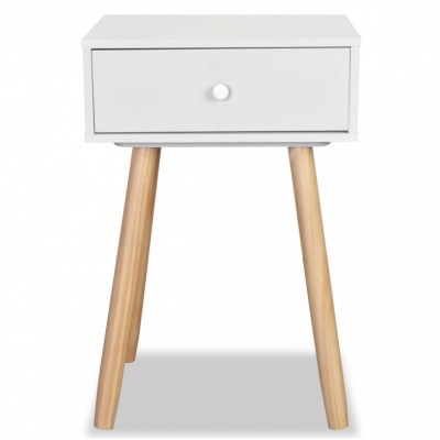 Mesa de apoio branca com gaveta e pernas de madeira clara