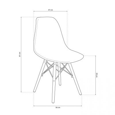 Desenho técnico em preto e branco de cadeira com alturas e larguras medidas