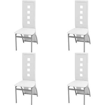 Quatro cadeiras brancas com encosto alto e recortes quadrados