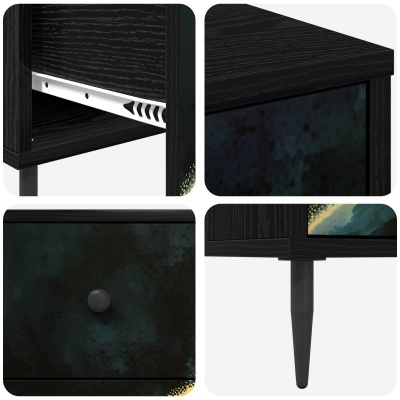Móvel de apoio preto com gaveta decorativa azul e dourada e pernas cónicas negras