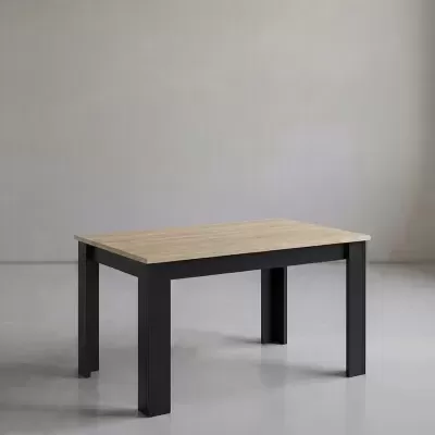 Mesa retangular com tampo de madeira clara e pernas pretas