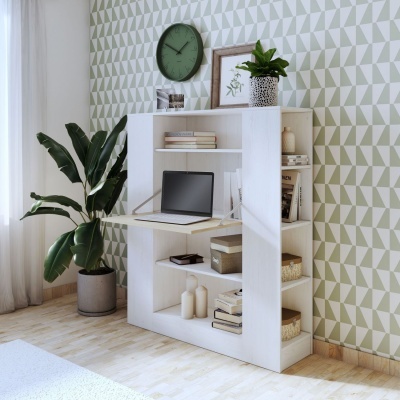 Móvel branco multifuncional com prateleiras e secretária dobrável integrada
