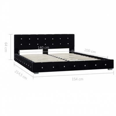 Cama dupla preta estofada com botões e medidas visíveis