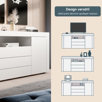 Móvel de sala branco com decoração e texto em português sobre design versátil