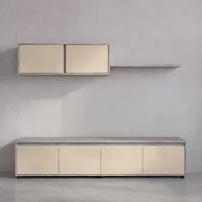 Móveis minimalistas cinza e bege com armários suspensos e de chão