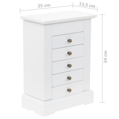 Móvel de madeira branco com cinco gavetas e puxadores de metal