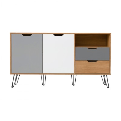 Móvel de madeira com portas e gavetas coloridas e pés metálicos