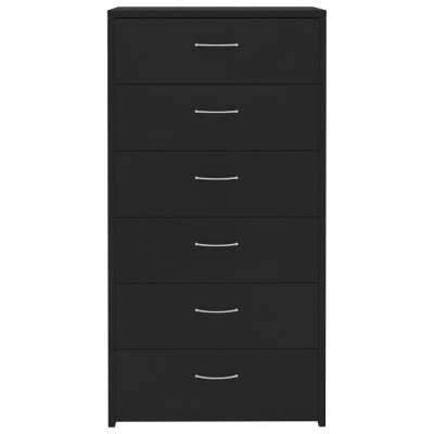 cômoda preta com seis gavetas e puxadores metálicos
