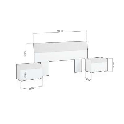 Desenho técnico de móvel de quarto branco com medidas em cm