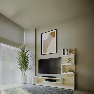 Móvel moderno de madeira clara com prateleiras brancas, TV e decoração numa sala com planta em vaso branco, tapete cinza e quadro abstrato na parede cinza.