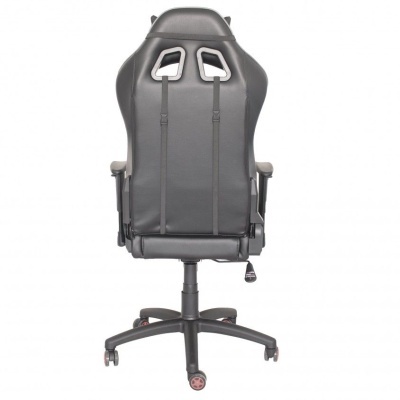 Cadeira preta de escritório com base giratória e rodízios, vista traseira