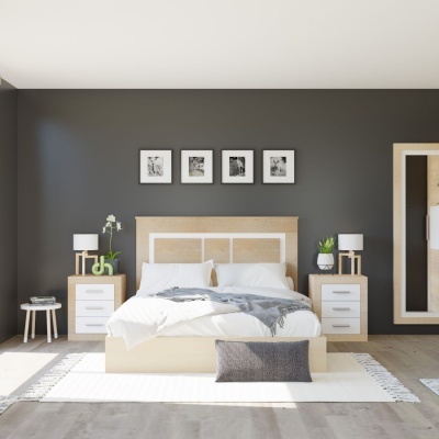 Quarto com cama de madeira clara, cabeceira branca acolchoada e decoração minimalista