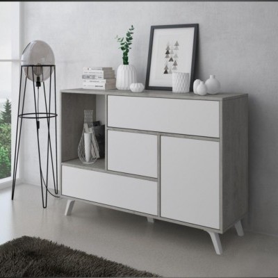 Móvel de arrumação moderno cinza e branco com decoração minimalista