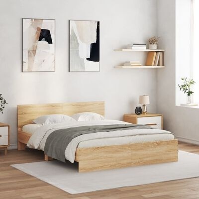 Quarto com cama de madeira clara e decoração minimalista.