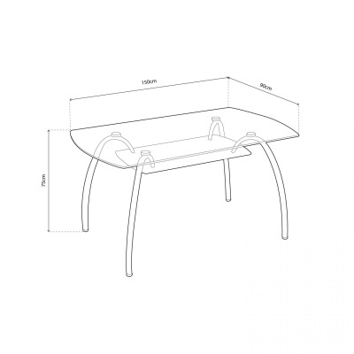Mesa de vidro retangular com pés curvos metálicos