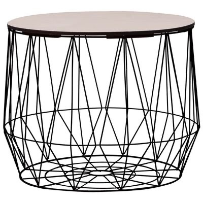 Mesa de centro redonda com tampo de madeira e estrutura metálica preta em padrão geométrico