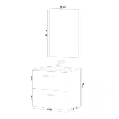 Desenho técnico de móvel de casa de banho com lavatório, torreira e espelho com medidas.
