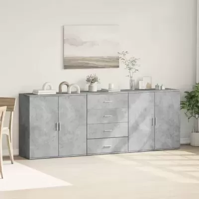Móvel de arrumação cinza textura cimento com decoração neutra em sala clara