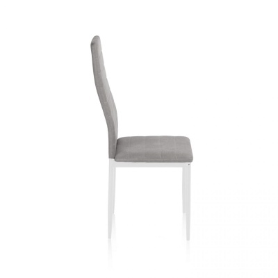 Cadeira cinza com estrutura branca, assento e encosto estofados em tecido.